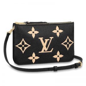 Louis Vuitton LV Unisex Double Zip Pochette Black Beige Embossed Supple Grained Cowhide Leather