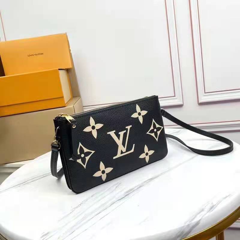 Louis Vuitton LV Unisex Double Zip Pochette Black Beige Embossed Supple ...