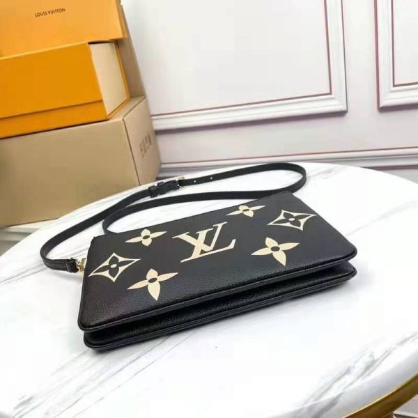 Louis Vuitton LV Unisex Double Zip Pochette Black Beige Embossed Supple Grained Cowhide Leather (9)