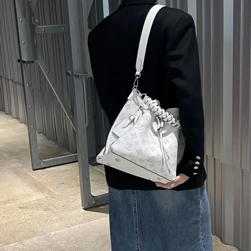 Louis Vuitton LV Unisex Muria Bucket Bag Snow White Mahina Perforated Calf Leather