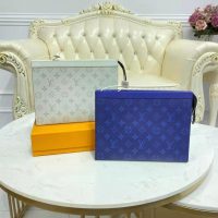 Louis Vuitton LV Unisex Pochette Voyage MM Taiga Cowhide Leather Monogram Eclipse Coated Canvas