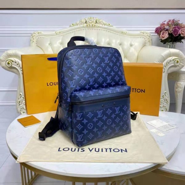 Louis Vuitton LV Unisex Sprinter Backpack Navy Blue Monogram Shadow Cowhide Leather (16)