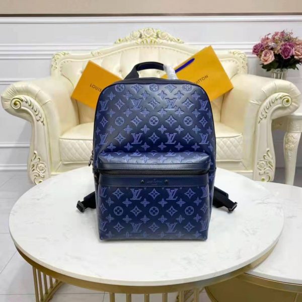 Louis Vuitton LV Unisex Sprinter Backpack Navy Blue Monogram Shadow Cowhide Leather (9)