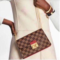 Louis Vuitton LV Women Croisette Chain Wallet Scarlet Red Damier Ebene Coated Canvas