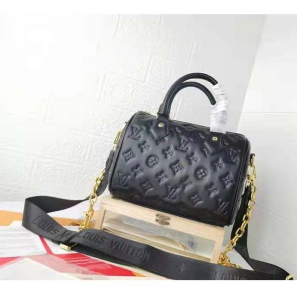 Louis Vuitton LV Women Speedy Bandoulière 22 Handbag Black Embossed Lambskin Leather (4)