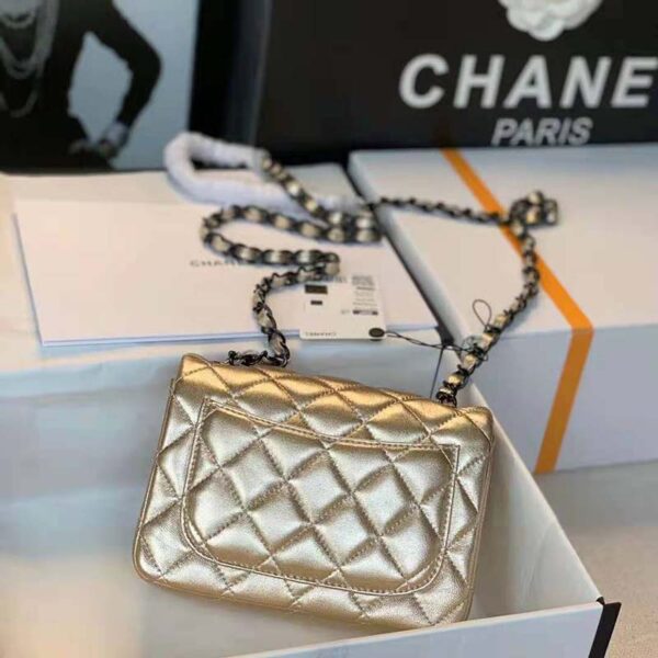 Chanel Women Classic Handbag Metallic Lambskin Black Metal Gold (10)