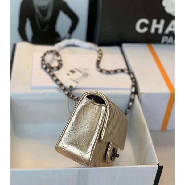 Chanel Women Classic Handbag Metallic Lambskin Black Metal Gold (11)