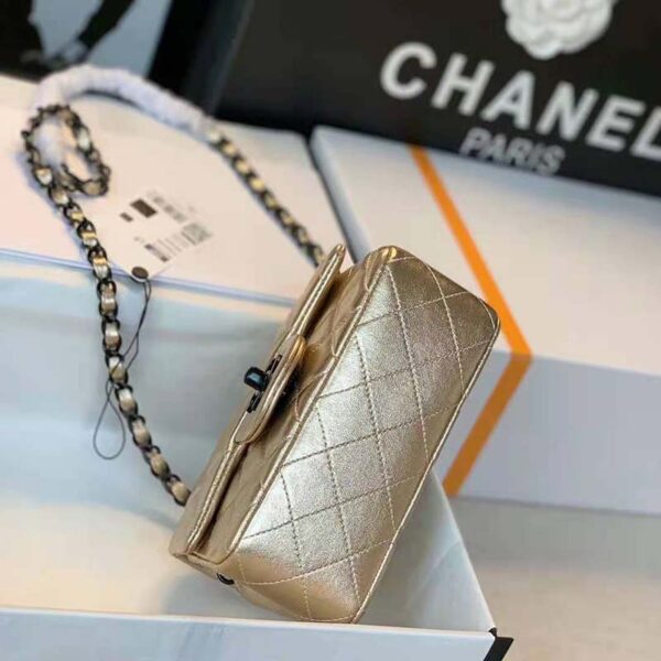 Chanel Women Classic Handbag Metallic Lambskin Black Metal Gold (12)