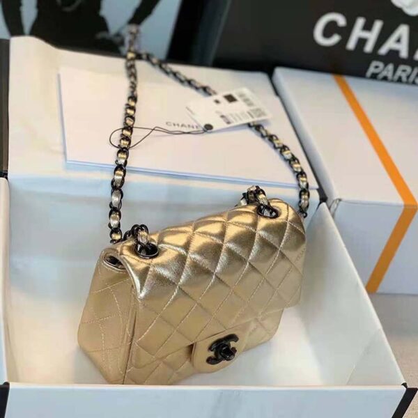 Chanel Women Classic Handbag Metallic Lambskin Black Metal Gold (2)
