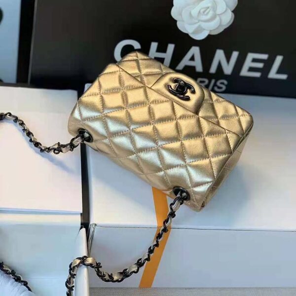 Chanel Women Classic Handbag Metallic Lambskin Black Metal Gold (6)