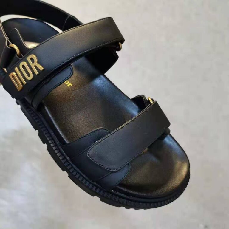 Dior Women Shoes DiorAct Sandal Black Lambskin Gold-Finish Metal DIOR Signature - LULUX