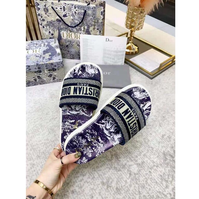 Dior Women Shoes Dway Slide Deep Blue Toile De Jouy Reverse Embroidered