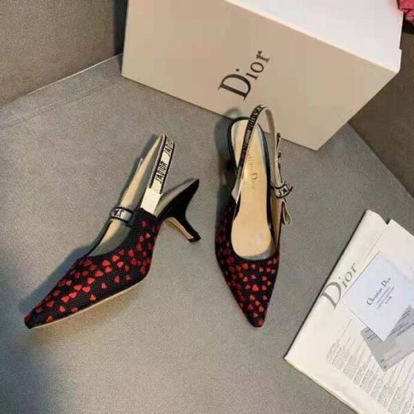 Dior Women Shoes J’Adior Slingback Pump Navy Blue Red Hearts I Love Paris Embroidered Cotton (7)