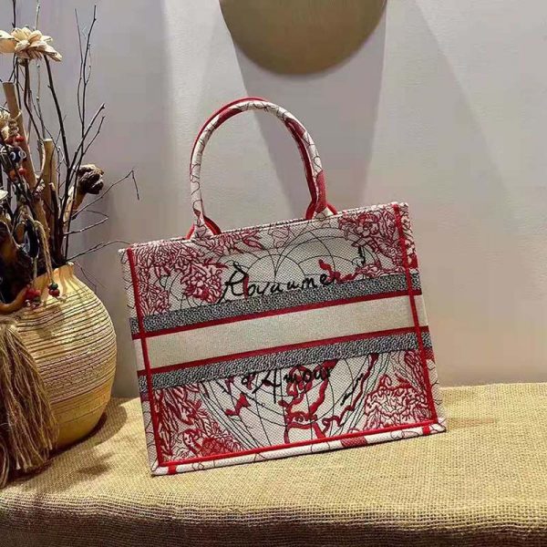 Dior Women Small Dior Book Tote Bag Red White D-Royaume D’Amour Embroidery (6)