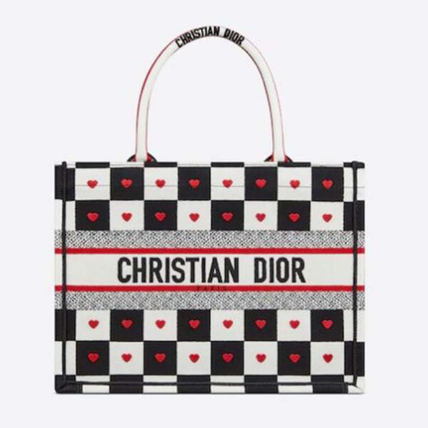 Dior Women Small Dioramour Dior Book Tote Black White Red D-Chess Heart Embroidery