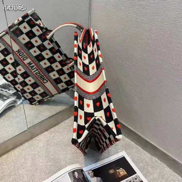 Dior Women Small Dioramour Dior Book Tote Black White Red D-Chess Heart Embroidery (3)