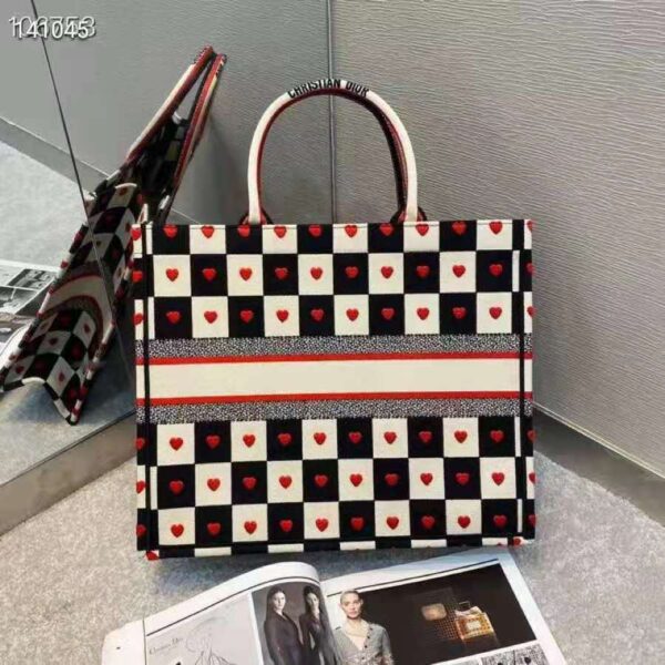 Dior Women Small Dioramour Dior Book Tote Black White Red D-Chess Heart Embroidery (4)