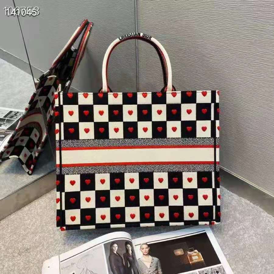 Dior Book Tote Dioramour D-Chess Medium Canvas Black / White / Red