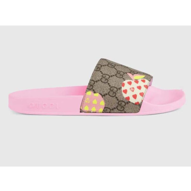 Gucci GG Unisex Gucci Les Pommes Slide Sandal Beige and Ebony GG Supreme Canvas - LULUX