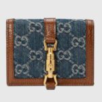 Gucci GG Unisex Jackie 1961 Card Case Wallet Dark Blue Ivory Eco Washed Organic GG Jacquard Denim
