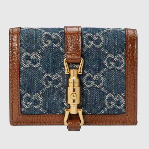 Gucci GG Unisex Jackie 1961 Card Case Wallet Dark Blue Ivory Eco Washed Organic GG Jacquard Denim