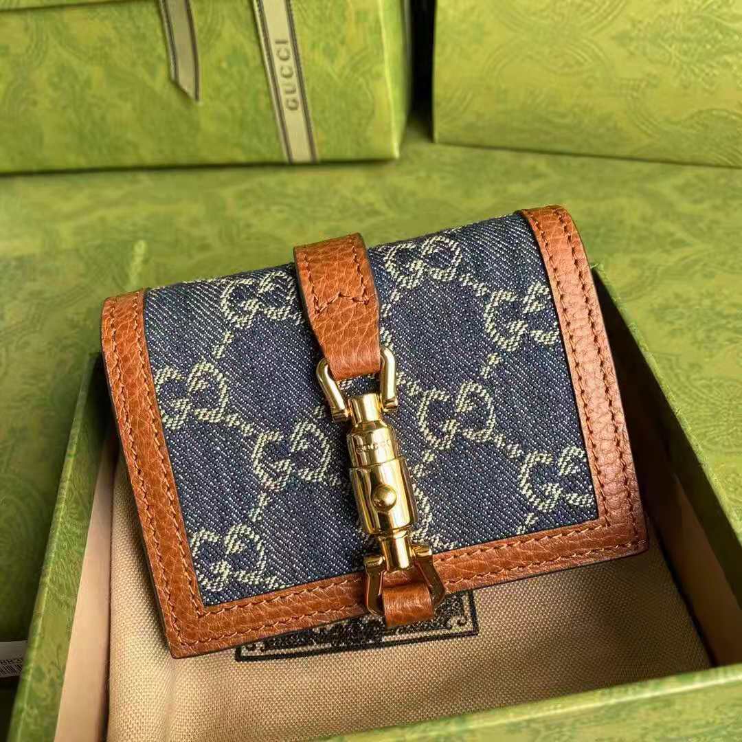 GUCCI Jackie 1961 GG Jacquard Denim Card Case Wallet Dark Blue