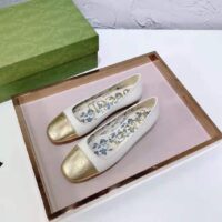 Gucci GG Women Ballet Flat with Interlocking G White Leather with Rose Gold Metallic Tip