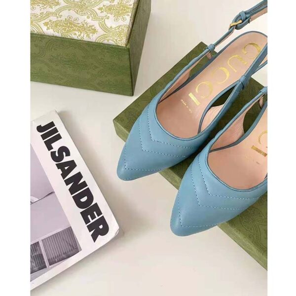 Gucci GG Women Matelassé Sling Back Pastel Blue Matelassé Chevron Leather 7 cm Heel (10)