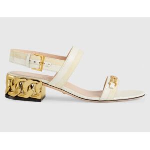 Gucci GG Women Sandal with Chain-Shaped Heel Butter Colored Leather with Off-White