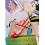 Gucci GG Women Sandal with Chain-Shaped Heel Hibscus Red Leather with Pastel Pink - Image 2