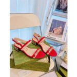 Gucci GG Women Sandal with Chain-Shaped Heel Hibscus Red Leather with Pastel Pink - Image 3