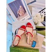Gucci GG Women Sandal with Chain-Shaped Heel Hibscus Red Leather with Pastel Pink