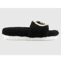 Gucci GG Women Slide Sandal with Interlocking G Black Interlocking G Merino Wool