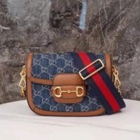 Gucci Women Horsebit 1955 Mini Bag Dark Blue Ivory Eco Washed Organic GG Jacquard Denim (2)