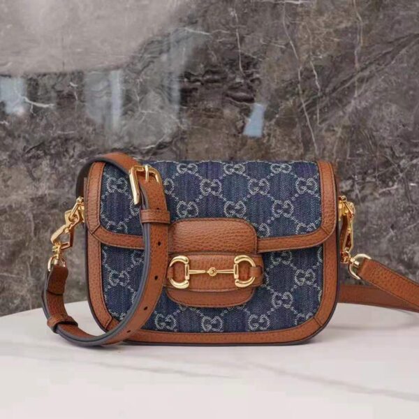 Gucci Women Horsebit 1955 Mini Bag Dark Blue Ivory Eco Washed Organic GG Jacquard Denim (9)