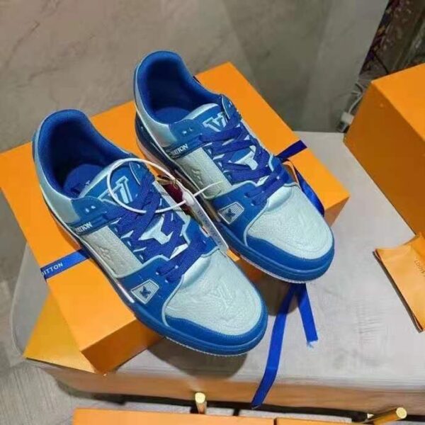 Louis Vuitton LV Unisex LV Trainer Sneaker Blue Monogram Embossed Grained Calf Leather (3)