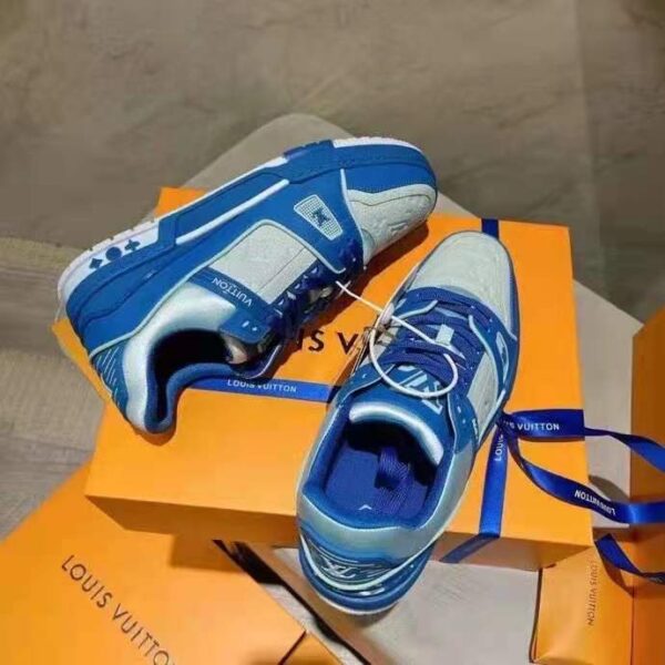 Louis Vuitton LV Unisex LV Trainer Sneaker Blue Monogram Embossed Grained Calf Leather (5)