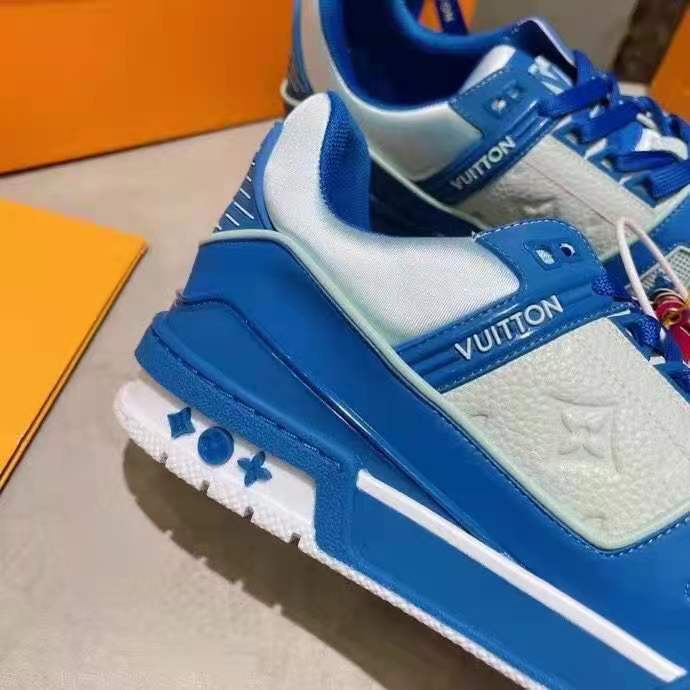 LOUIS VUITTON Calfskin Embossed Monogram Denim Mens LV Trainer Sneakers 9  Blue 1266492