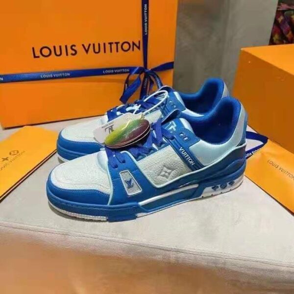 Louis Vuitton LV Unisex LV Trainer Sneaker Blue Monogram Embossed Grained Calf Leather (8)