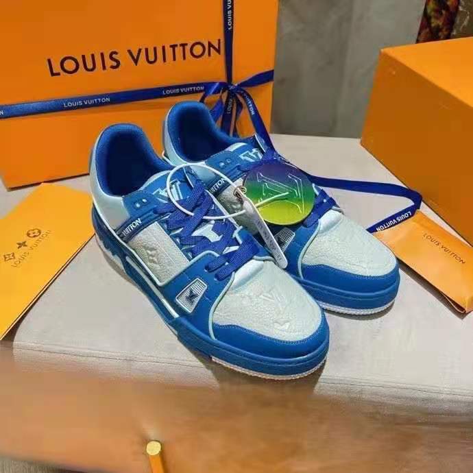 LOUIS VUITTON Calfskin Embossed Monogram Denim Mens LV Trainer Sneakers 9  Blue 1266492