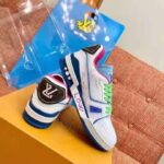 Louis Vuitton LV Unisex LV Trainer Sneaker Turquoise Calf Leather Rubber Outsole - Image 5