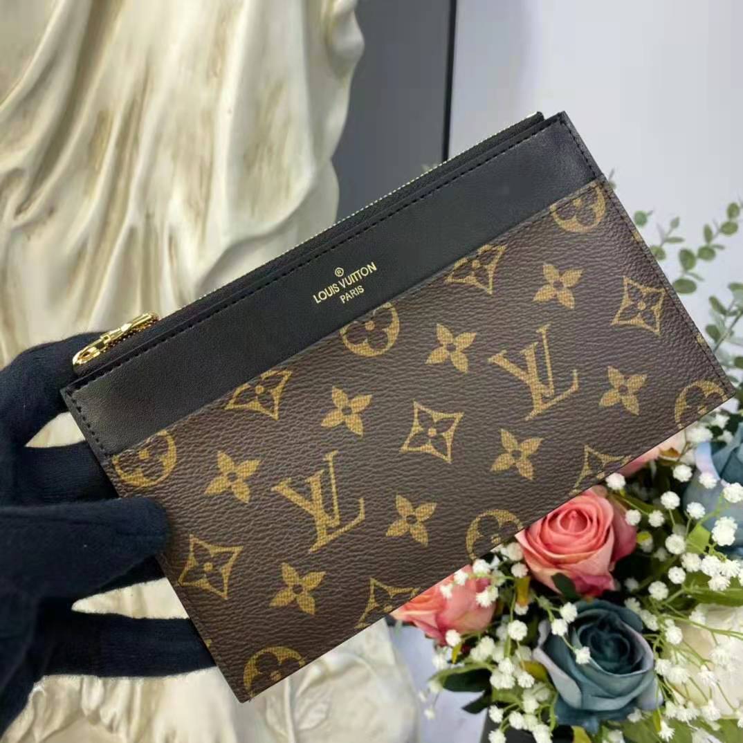 Louis+Vuitton+Slim+Pouch+Brown+Black+Canvas+Leather+Monogram for sale  online