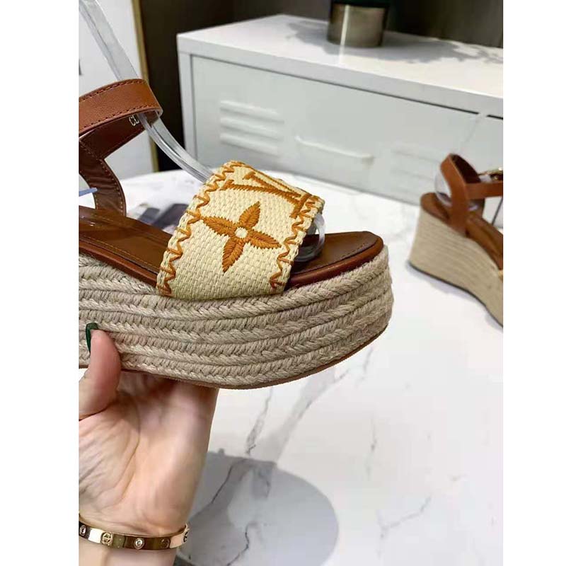 68097 auth LOUIS VUITTON brown Monogram & raffia BOUNDRY Wedge Sandals  Shoes 37