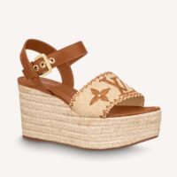 Louis Vuitton LV Women Boundary Wedge Sandal Cognac Brown Raffia Rope Sole Rubber Outsole