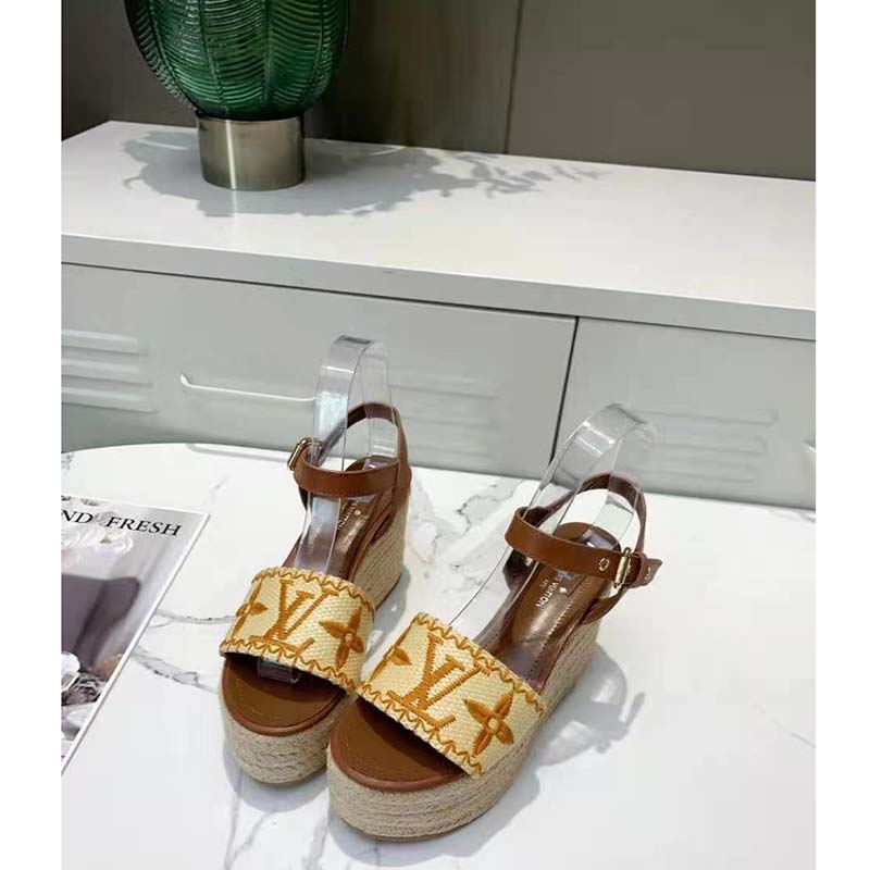 68097 auth LOUIS VUITTON brown Monogram & raffia BOUNDRY Wedge Sandals  Shoes 37