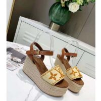 Louis Vuitton LV Women Boundary Wedge Sandal Cognac Brown Raffia Rope Sole Rubber Outsole