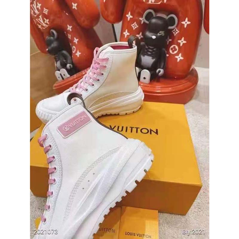LOUIS VUITTON Canvas Monogram LV Squad Sneaker Boots 36.5 White Pink  1209216