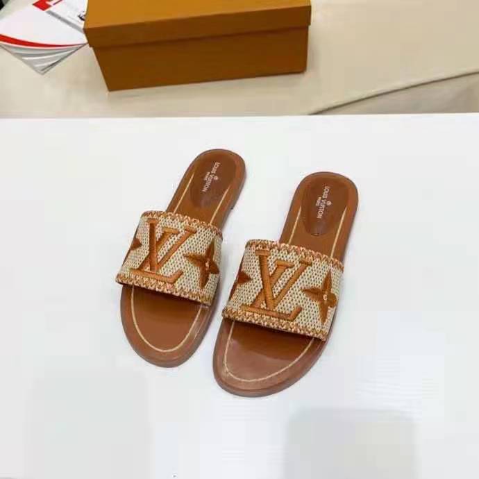 LOUIS VUITTON Raffia Calfskin Monogram Lock It Flat Mules 36 Cognac Brown  798580