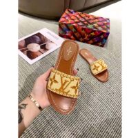 Louis Vuitton LV Women Lock It Flat Mule Cognac Brown Raffia Leather Outsole