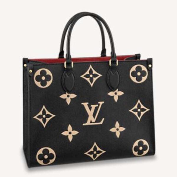 Louis Vuitton LV Women OnTheGo MM Black Beige Embossed Grained Cowhide Leather LULUX
